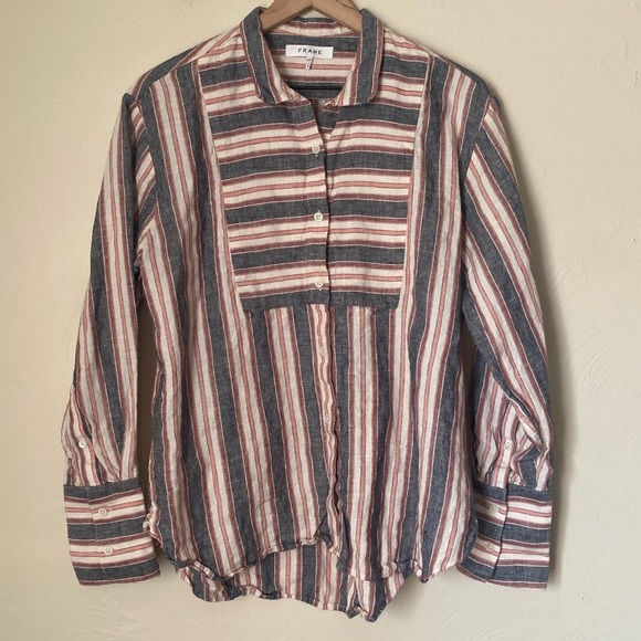 FRAME Striped Bib Linen Button-Down Shirt - Picture 4 of 8